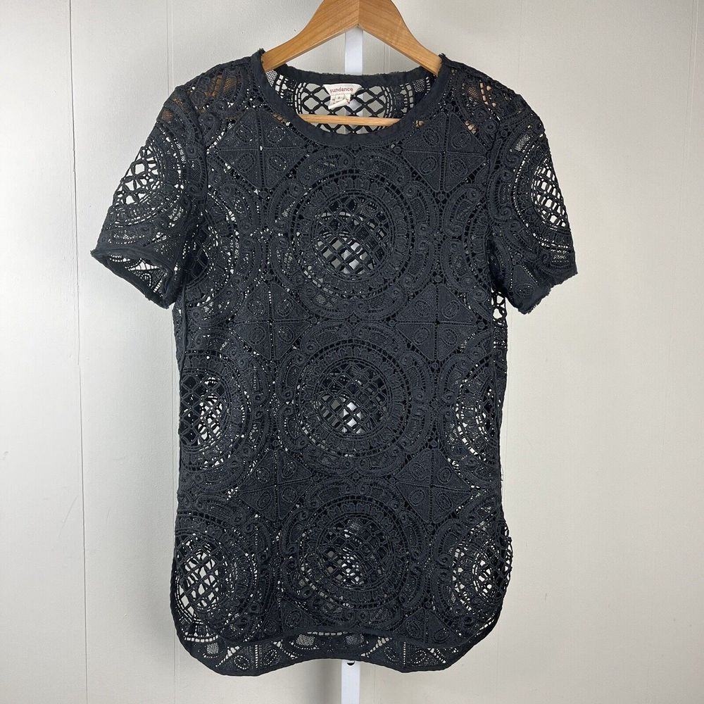 Sundance Catalog Black Lace Top Womens Small Short Sleeve Tunic See Through‎ - Picture 2 of 6